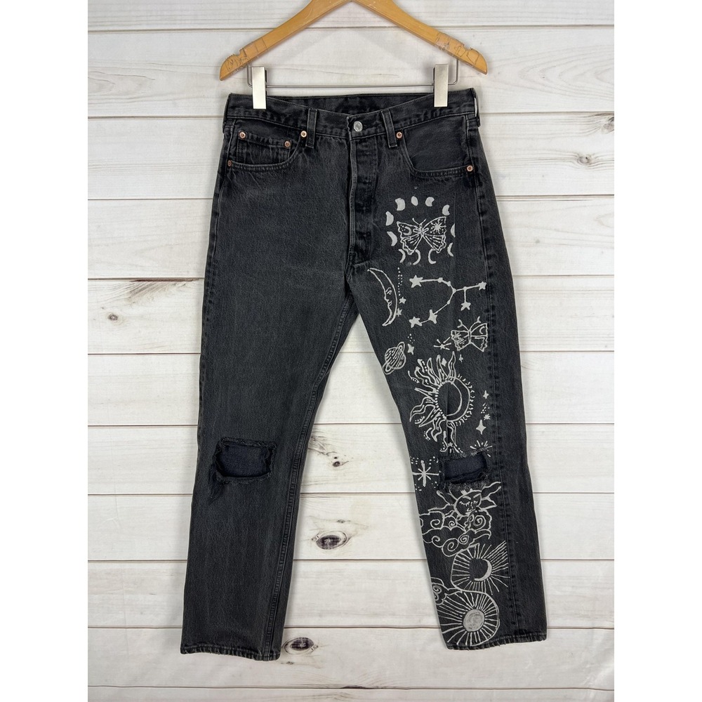 VTG Levis 501 Jeans Adult 33x30 XX Black Graphics Made USA Celestial Rips 90s
